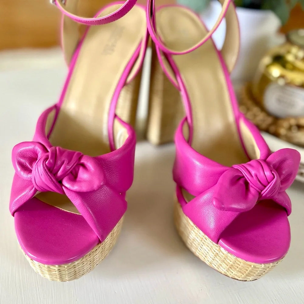 MICHAEL KORS Sadie Platform Leather Bow High Heeled Sandals Magenta Pink 8.5 - Picture 4 of 15